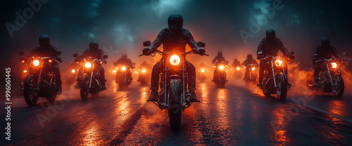 Biker gang on road, front view of group riding motorcycles in misty highway at night, dramatic sky.