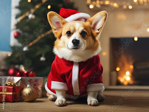Corgi dog  in red santa claus costume for christmas new year, AI generated