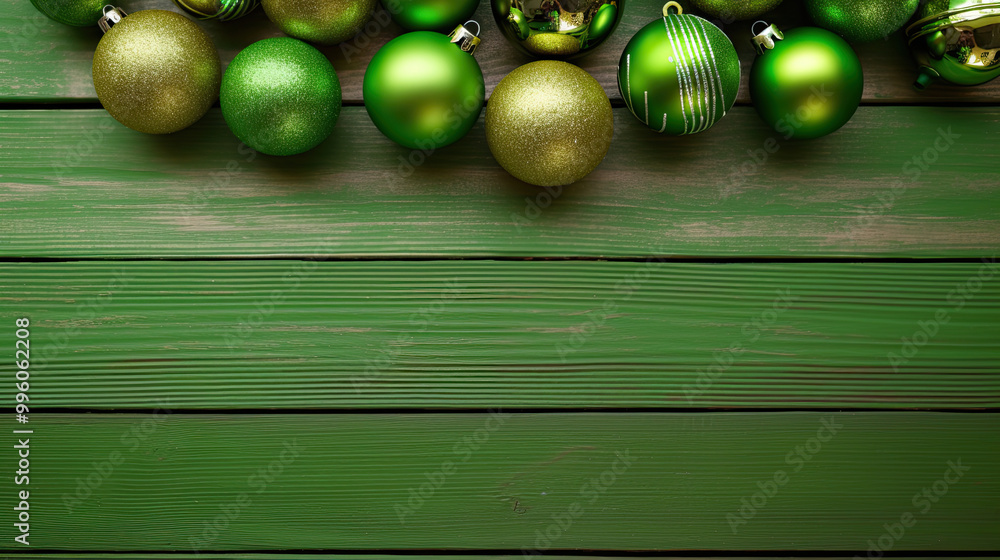 Naklejka premium Set of christmas balls on a vivid lime wooden background or board