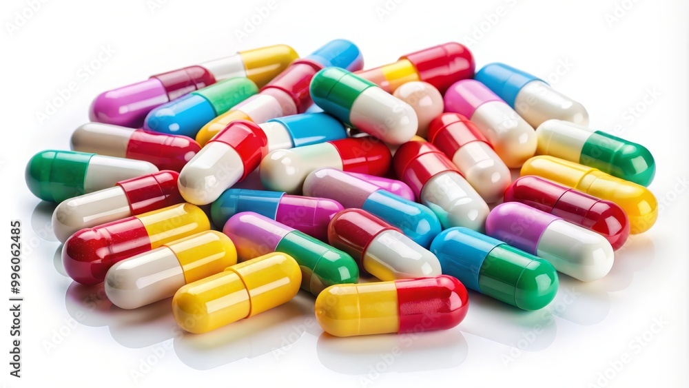 Macro shot of colorful pills and capsules lying on a white background Macro shot of colorful pills and capsules lying on a white background