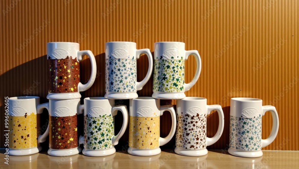 Set of Eight White Mugs with Colorful Star Designs Set of Eight White Mugs with Colorful Star Designs