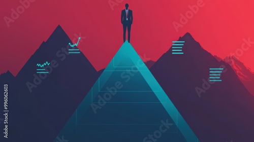 A businessman stands triumphantly on a pyramid against a vibrant red background, symbolizing success and achievement. photo