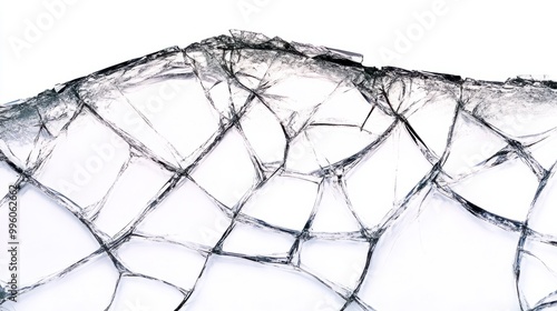 A close-up of a cracked smartphone screen with spider-web fractures, isolated on white