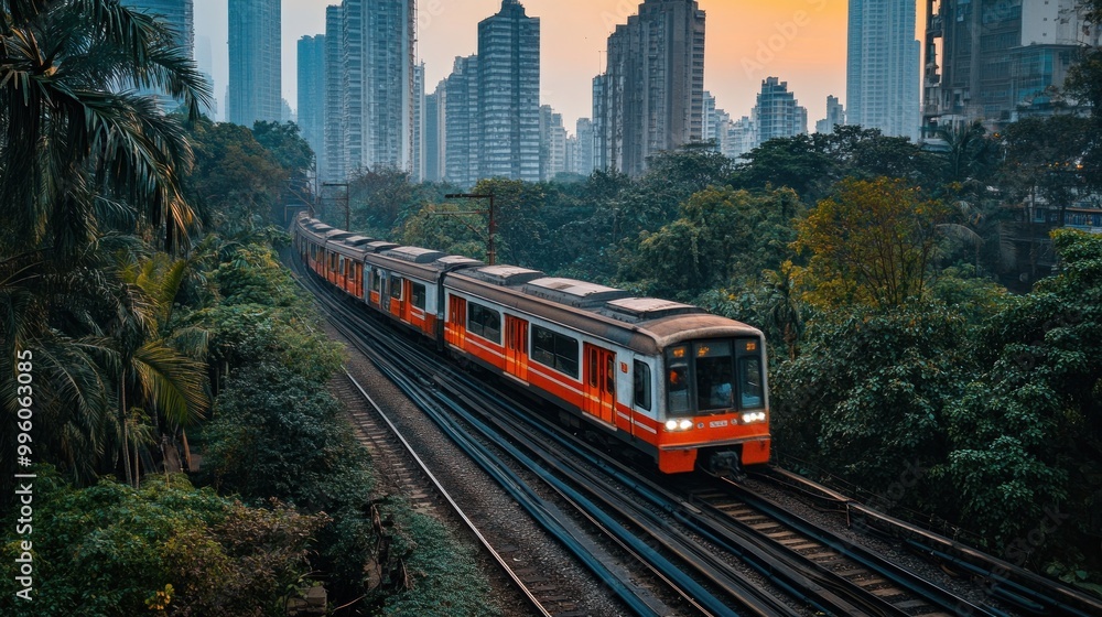 Fototapeta premium Train Traveling Through Urban Greenery