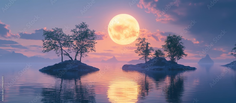 3D illustration depicting islands in a tranquil setting with a luminous moon in the backdrop 3D illustration depicting islands in a tranquil setting with a luminous moon in the backdrop