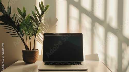 Wallpaper Mural A laptop and a plant on a desk next to a window, with sunlight streaming in. Torontodigital.ca