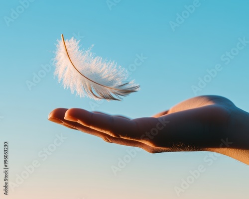 A delicate feather floating above an open hand against a serene, blue sky, symbolizing lightness and freedom.