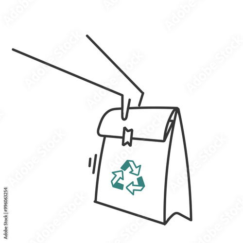 hand holding paper bag with recycle symbol in doodle cartoon style