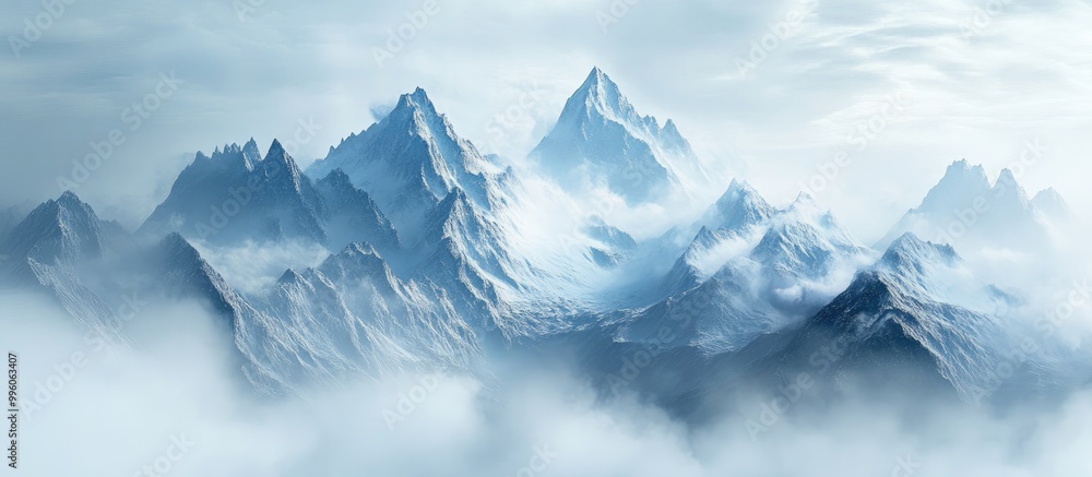 Obraz premium 3D landscape illustration featuring prominent mountain peaks set against a heavily clouded sky