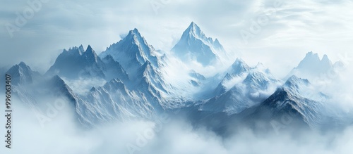 3D landscape illustration featuring prominent mountain peaks set against a heavily clouded sky