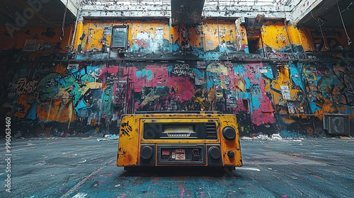 Boombox and classic music cassette player against a dark background. Retro hip-hop culture. Colorful graffiti wall with urban street art. Concept with a vintage boom box in front of a colorful wall
