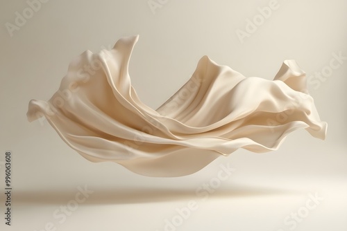 3D render of an abstract shape made from beige silk fabric, floating in the air against a minimalistic background. 