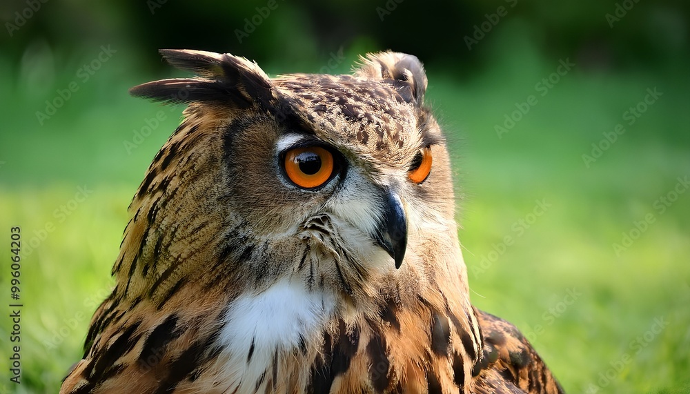 Photo a eagle owl on the background of green grass Photo a eagle owl on the background of green grass