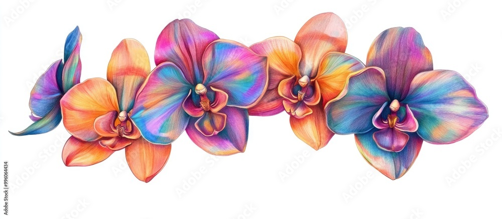 Surreal hand drawn orchid in full bloom with vibrant rainbow colors Design element isolated on white for use in greeting cards covers accessories textiles and printing Surreal hand drawn orchid in full bloom with vibrant rainbow colors Design element isolated on white for use in greeting cards covers accessories textiles and printing