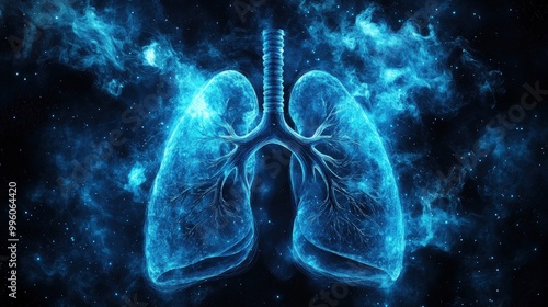 Blue glowing human lungs on a dark background.