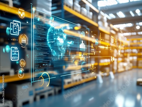 Digital Interface with Global Network and Data Visualization in a Warehouse Setting.