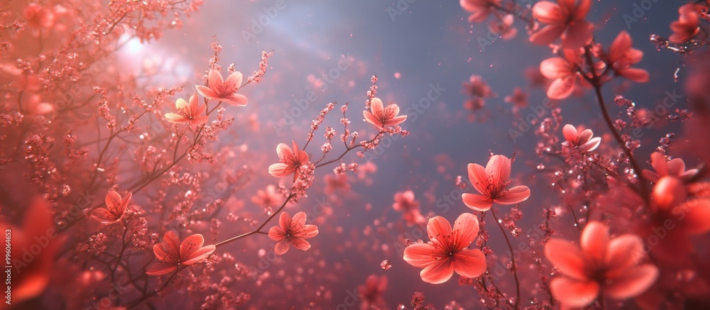 Surreal 3D rendered flowers in a magical blooming setting A dreamy fantasy botanical background featuring pink and red blossoms Surreal 3D rendered flowers in a magical blooming setting A dreamy fantasy botanical background featuring pink and red blossoms