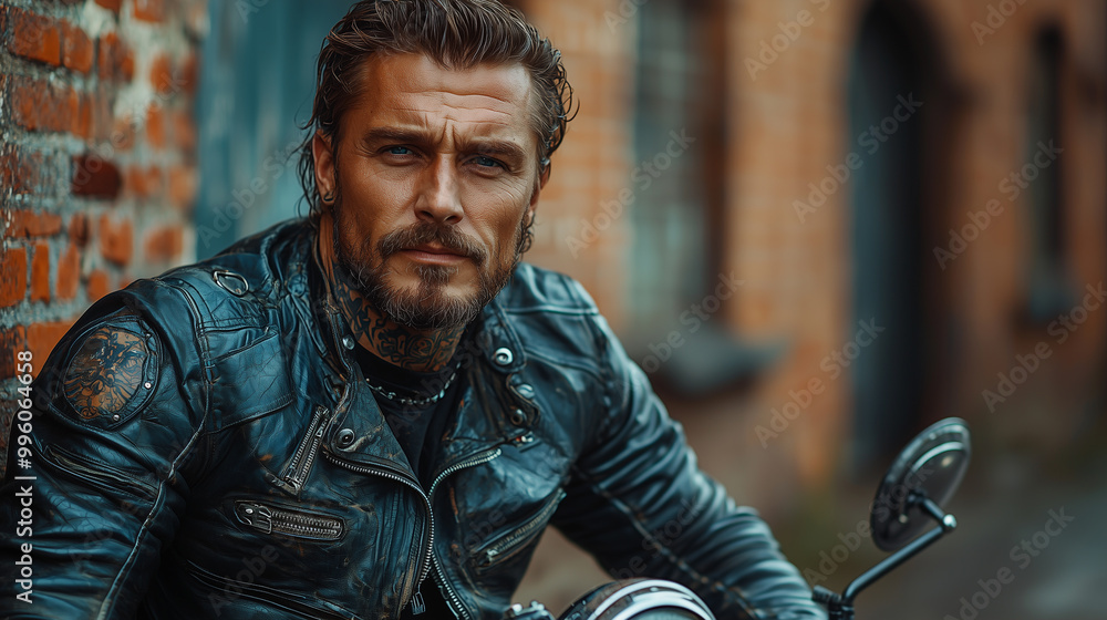 Fototapeta premium Brutal tattooed biker man in leather clothes and black motorcycle. High detail. Professional portrait shot