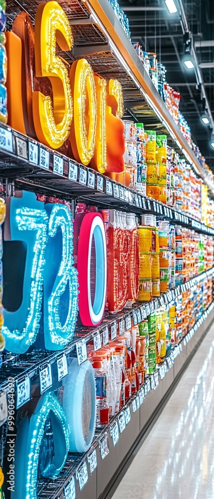 Naklejka premium Colorful Illuminated Letters on Store Shelf.