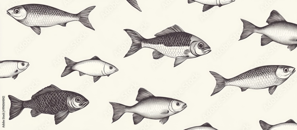 Unique hand drawn fish designs on a continuous background Unique hand drawn fish designs on a continuous background