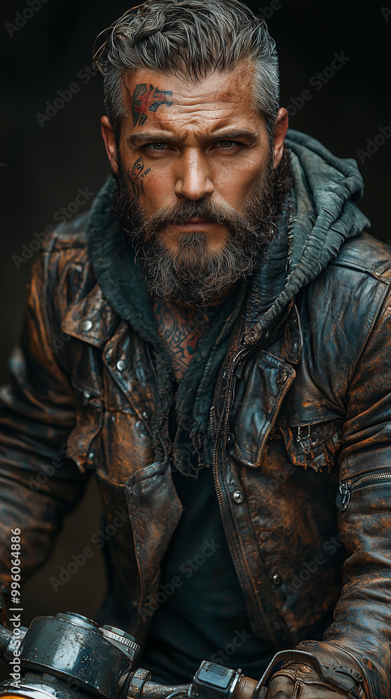 Brutal tattooed biker man in leather clothes and black motorcycle. High detail. Professional portrait shot Brutal tattooed biker man in leather clothes and black motorcycle. High detail. Professional portrait shot