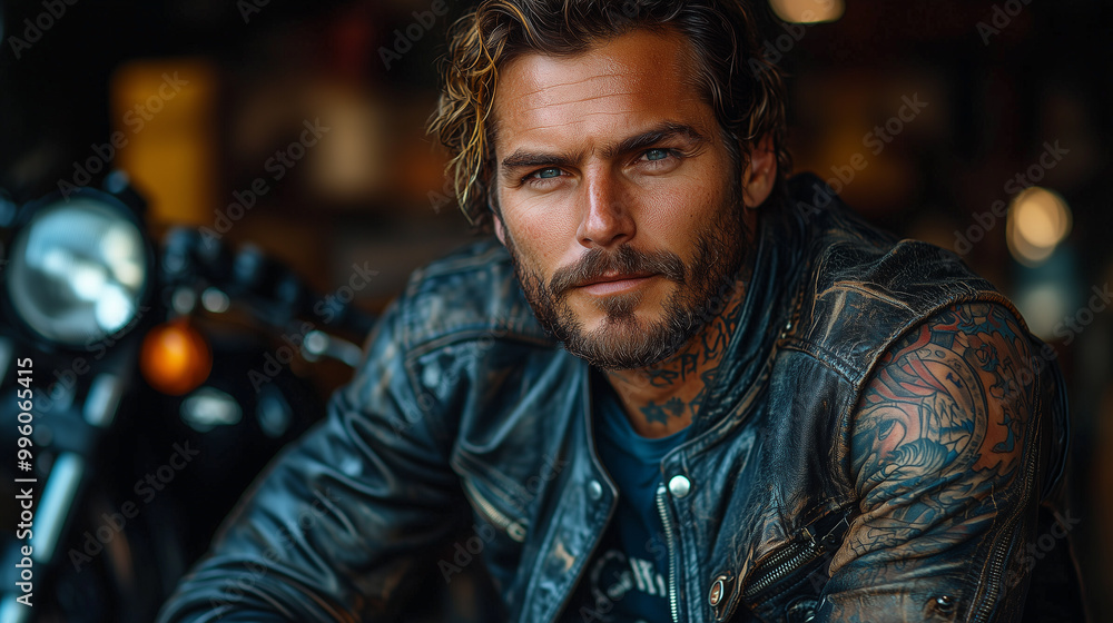 Obraz premium Brutal tattooed biker man in leather clothes and black motorcycle. High detail. Professional portrait shot