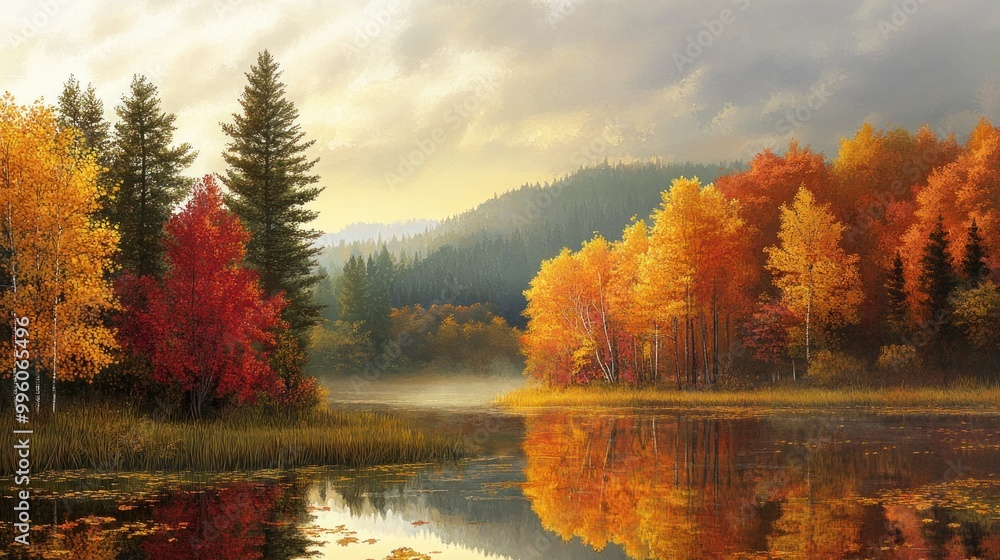 Fototapeta premium Autumnal Forest Reflecting in a Still Lake