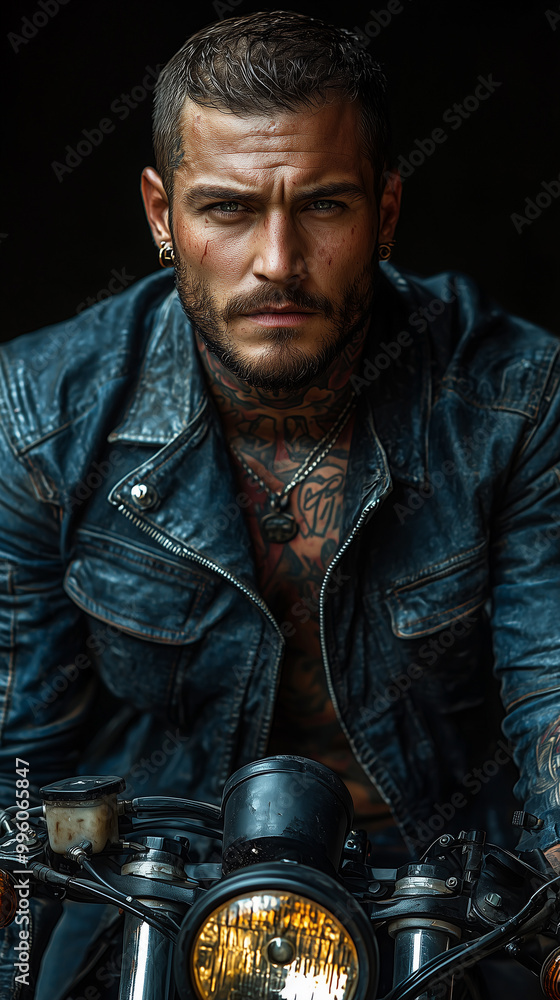 Obraz premium Brutal tattooed biker man in leather clothes and black motorcycle. High detail. Professional portrait shot