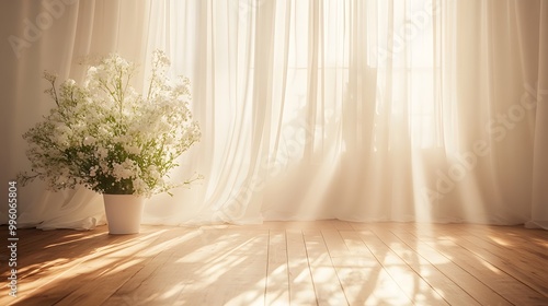 Bright interior with sheer white curtains and soft natural light, featuring a wooden floor, floral arrangement, and minimalist wedding backdrop, creating a dreamy atmosphere.