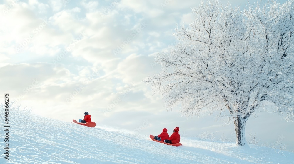 A scenic snowy hill with children sledding, laughter filling the crisp winter air. A scenic snowy hill with children sledding, laughter filling the crisp winter air.