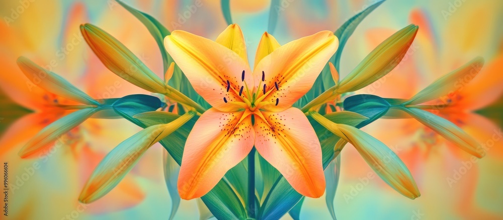 Mirrored zoom effect on an abstract background featuring lilies and burdocks A square with a yellow and orange star at the center creates a floral themed illustration Mirrored zoom effect on an abstract background featuring lilies and burdocks A square with a yellow and orange star at the center creates a floral themed illustration