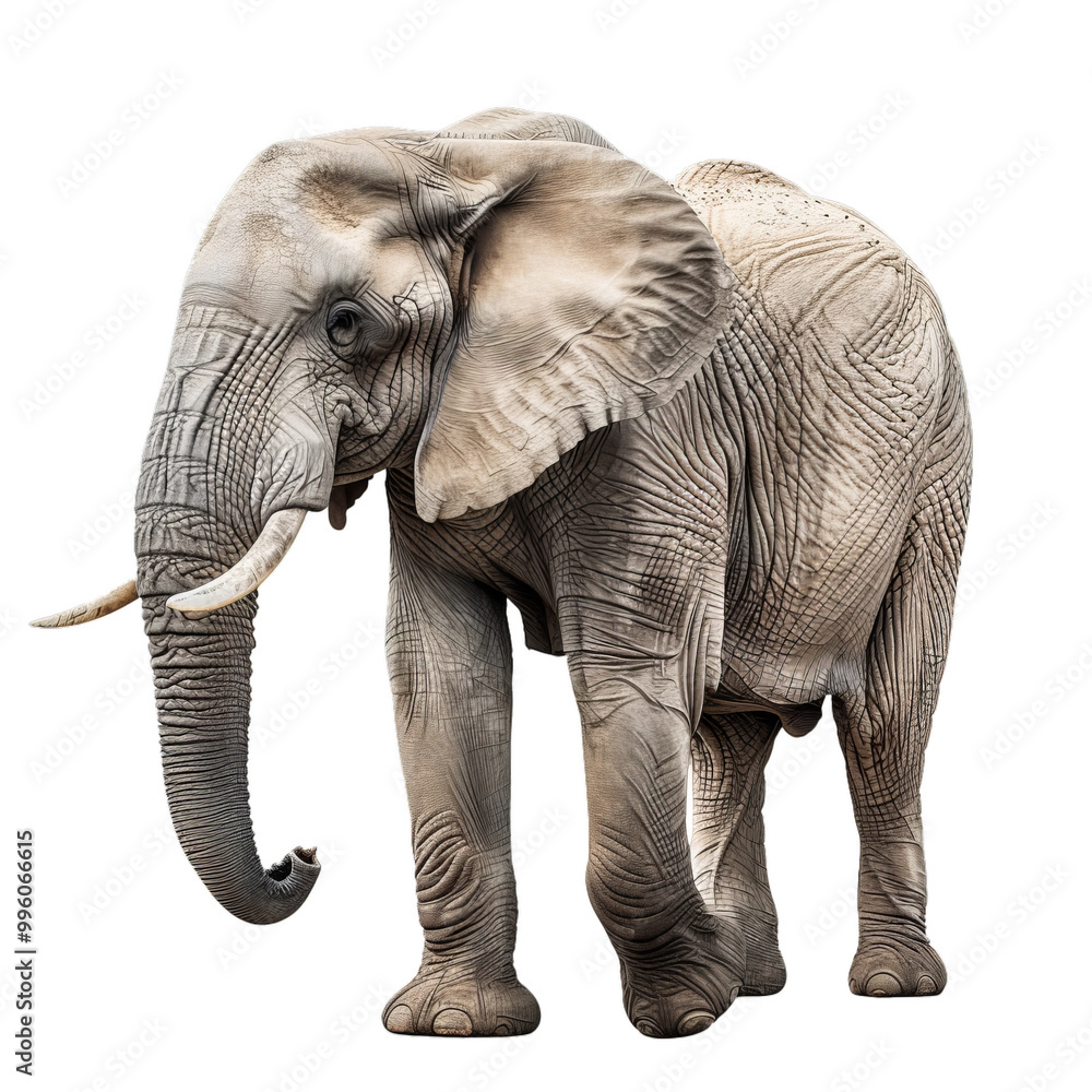 Obraz premium Large african elephant standing and looking ahead on a white background