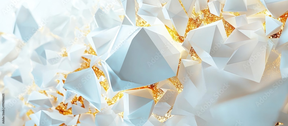 Abstract polygons in white and gold create a crystal like 2d background depicting objects in a state of zero gravity Abstract polygons in white and gold create a crystal like 2d background depicting objects in a state of zero gravity