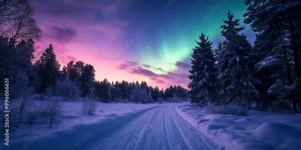 Snow-covered forest path under Northern Lights with vibrant green and purple sky at twilight. Snow-covered forest path under Northern Lights with vibrant green and purple sky at twilight.