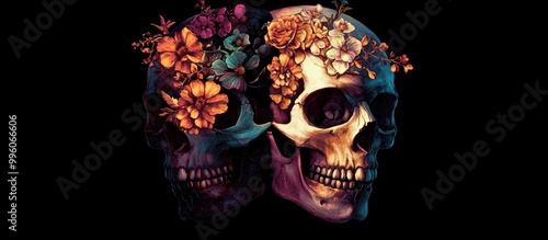 Human skull adorned with flowers representing the duality of life and death infinity and immortality Conceptual art for psychology philosophy and poetry themed apparel