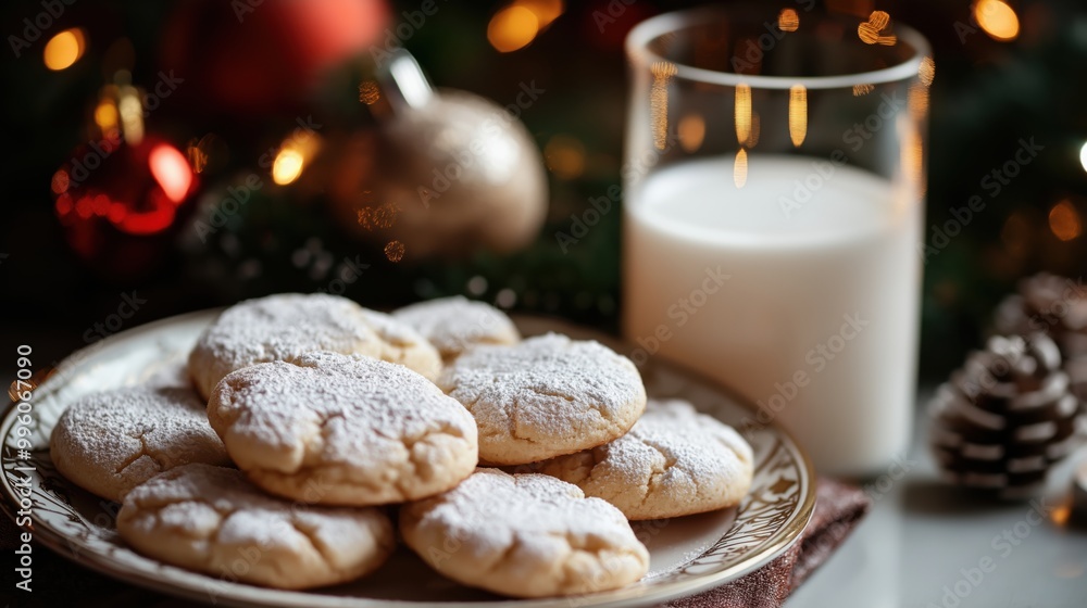 Sugar cookies with milk for Santa by Christmas tree Sugar cookies with milk for Santa by Christmas tree