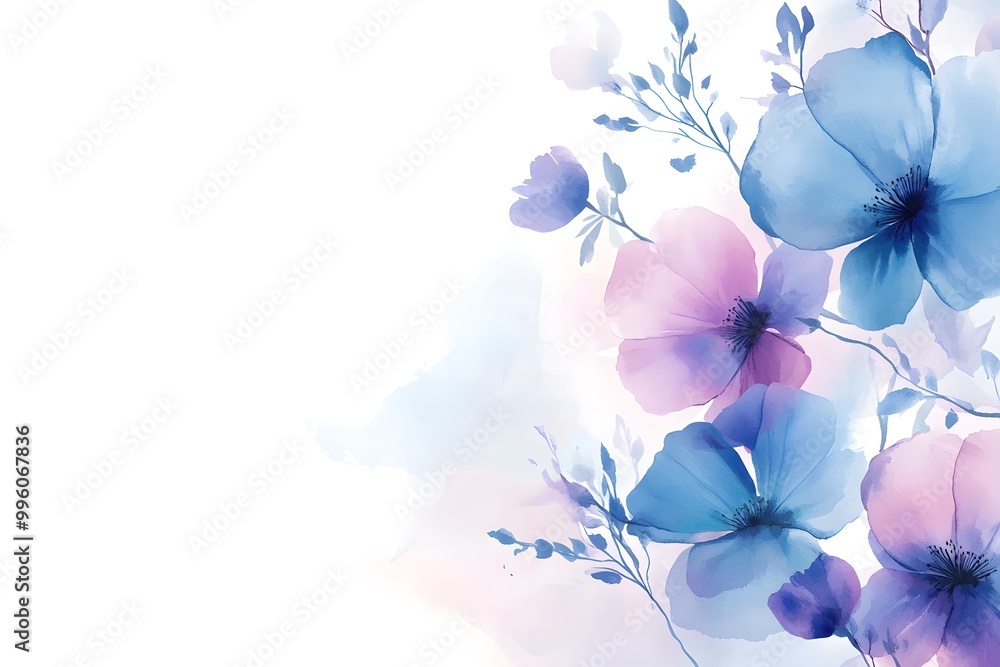 Obraz premium Abstract watercolor background with blue and purple flowers, illustration on a white background.