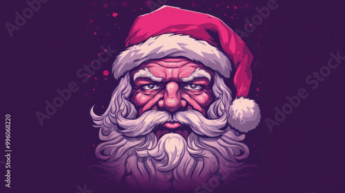 Illustration of Santa Claus face on a dark pink background