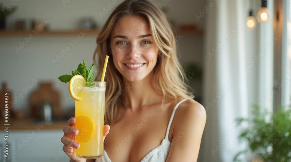 Beautiful young woman holding glass of lemonade with orange and mint in kitchen Beautiful young woman holding glass of lemonade with orange and mint in kitchen