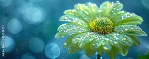 Close-up of a dew-covered daisy flower with a blurred blue background.