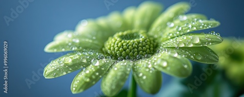 Close-up of a green daisy flower covered in water droplets.