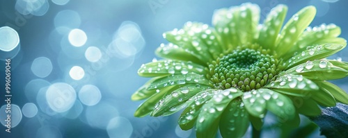 Green flower with dew drops on petals against a blue bokeh background.