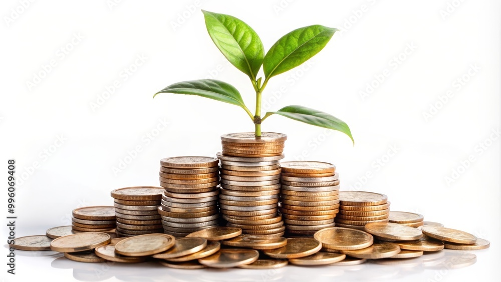 Small plant is growing from increasing stacks of coins on a white background Small plant is growing from increasing stacks of coins on a white background