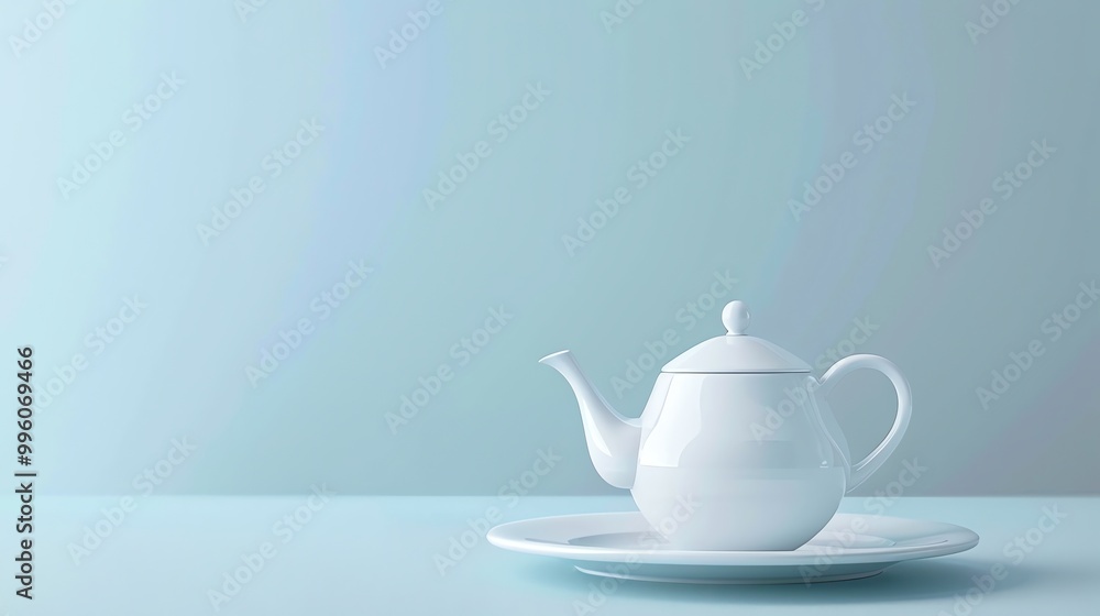 A white teapot and saucer on a light blue surface. A white teapot and saucer on a light blue surface.
