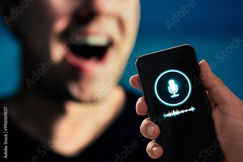 Voice recognition, AI speech generator or audio recording app on phone. Deep fake vocal sound. Mic icon and record wave. Deepfake scam. Virtual clone. Chat message. Translation or language learning. photo