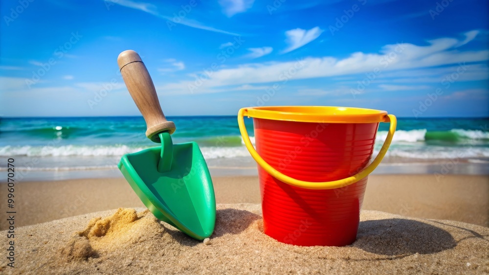 Red shovel and a green bucket are standing on a beach with the ocean in the background Red shovel and a green bucket are standing on a beach with the ocean in the background