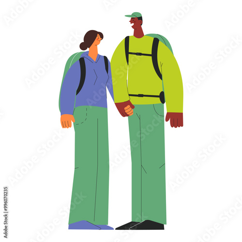 Cheerful couple of male and female holding their hands, standing close to each other. Hiking outdoor adventure, active tourists, trekking and backpacking. Vector illustration.