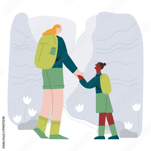Cheerful couple of female and kid holding their hands on nature background. Mother and daughter or sisters concept. Hiking outdoor adventure, tourists, trekking, backpacking. Vector illustration.