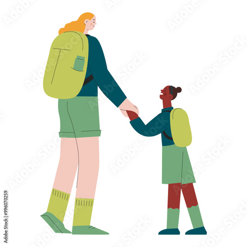 Cheerful couple of female and kid holding their hands. Mother and daughter or sisters concept. Hiking outdoor adventure, tourists, trekking, backpacking. Vector illustration.