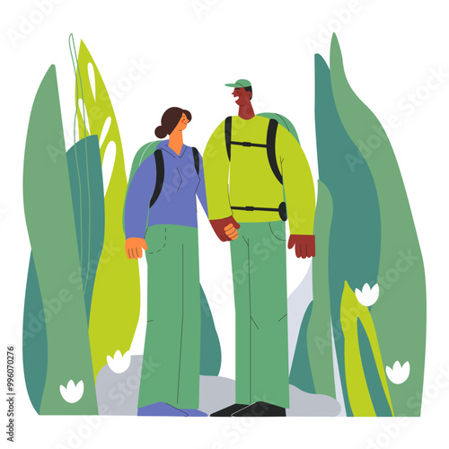 Cheerful couple of male and female holding their hands, standing close to each other on nature background. Hiking outdoor adventure, active tourists, trekking and backpacking. Vector illustration.